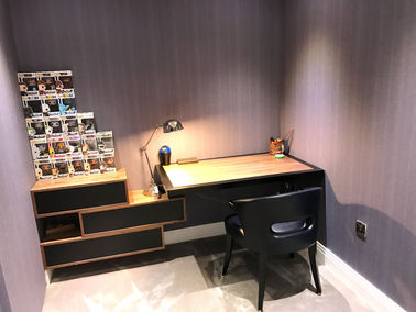 Custom made home office desk with drawers and shelving