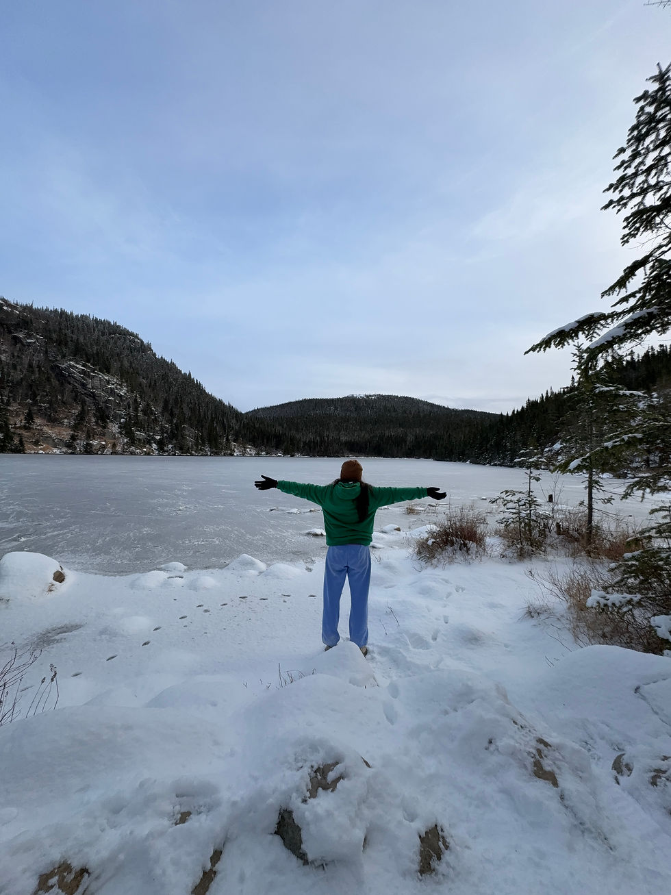 Une fille devant un lac et de la neige