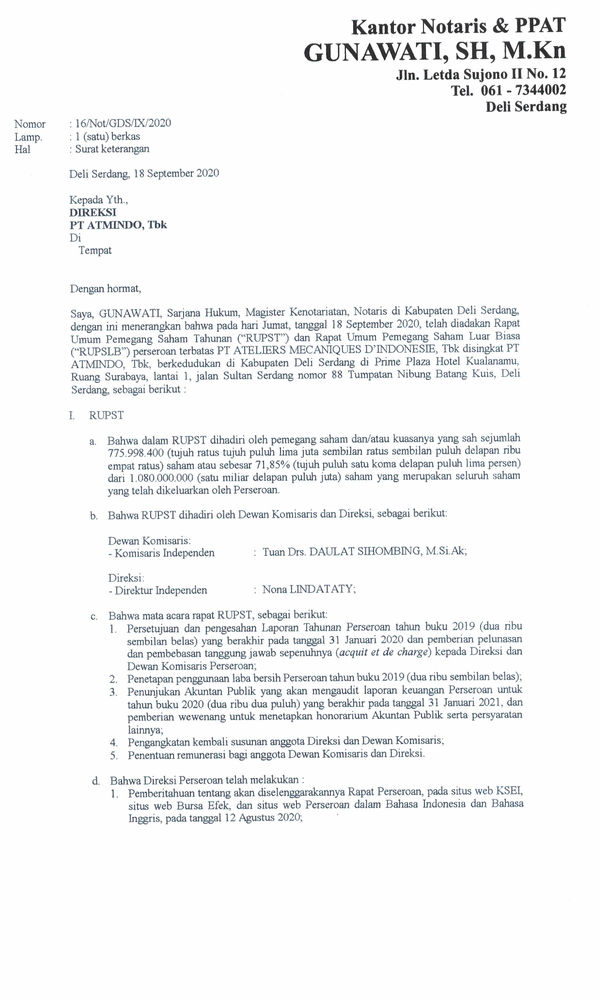 Ringkasan Risalah Rapat Umum Pemegang Saham Tahunan Luar Biasa Pt Atmindo Tbk