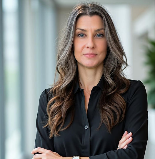 Woman with long dark hair, arms crossed