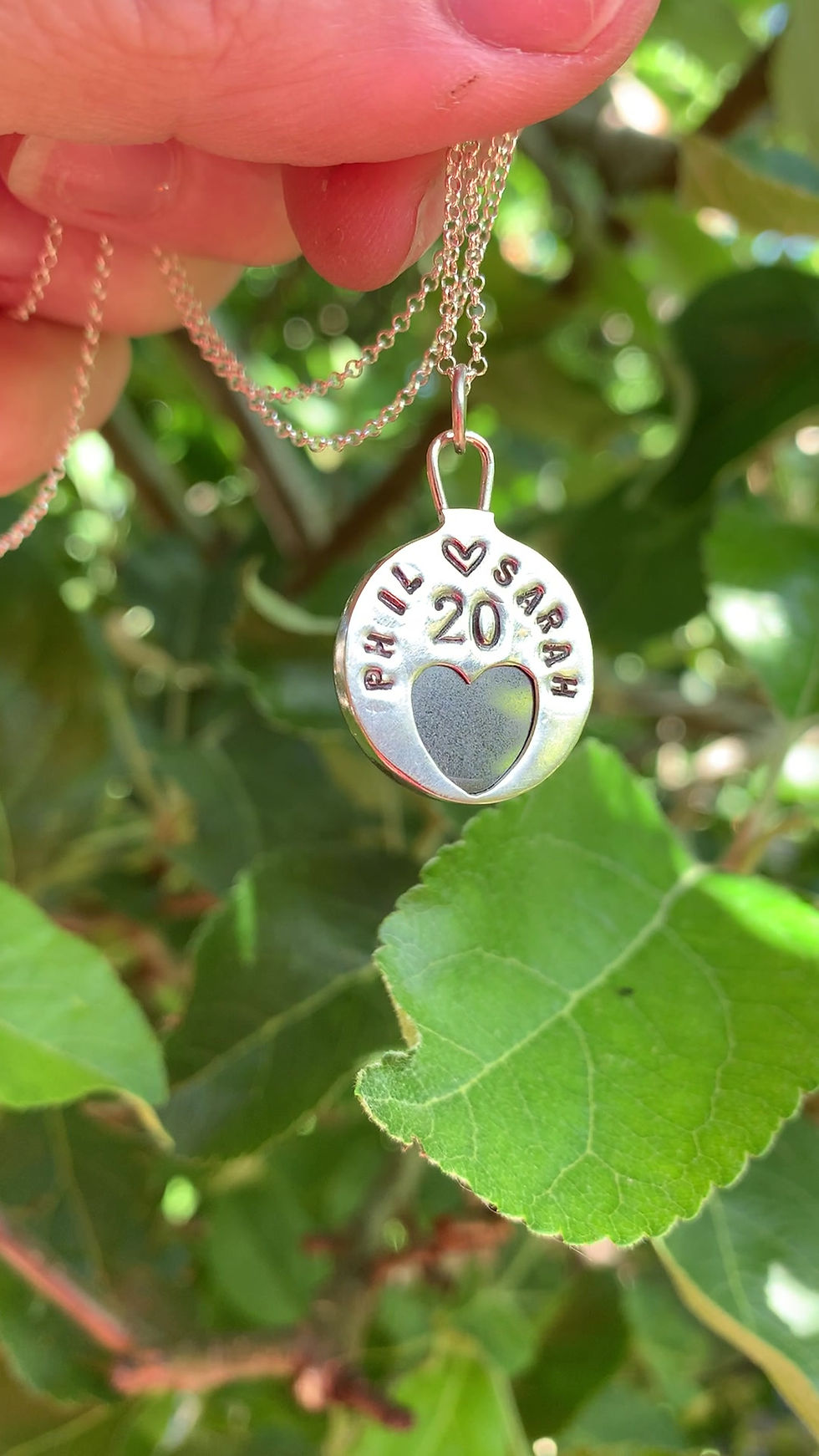 Thumbnail: Personalised Special Occasion Pendant, Gemstone, Hand stamped Love Heart, Names