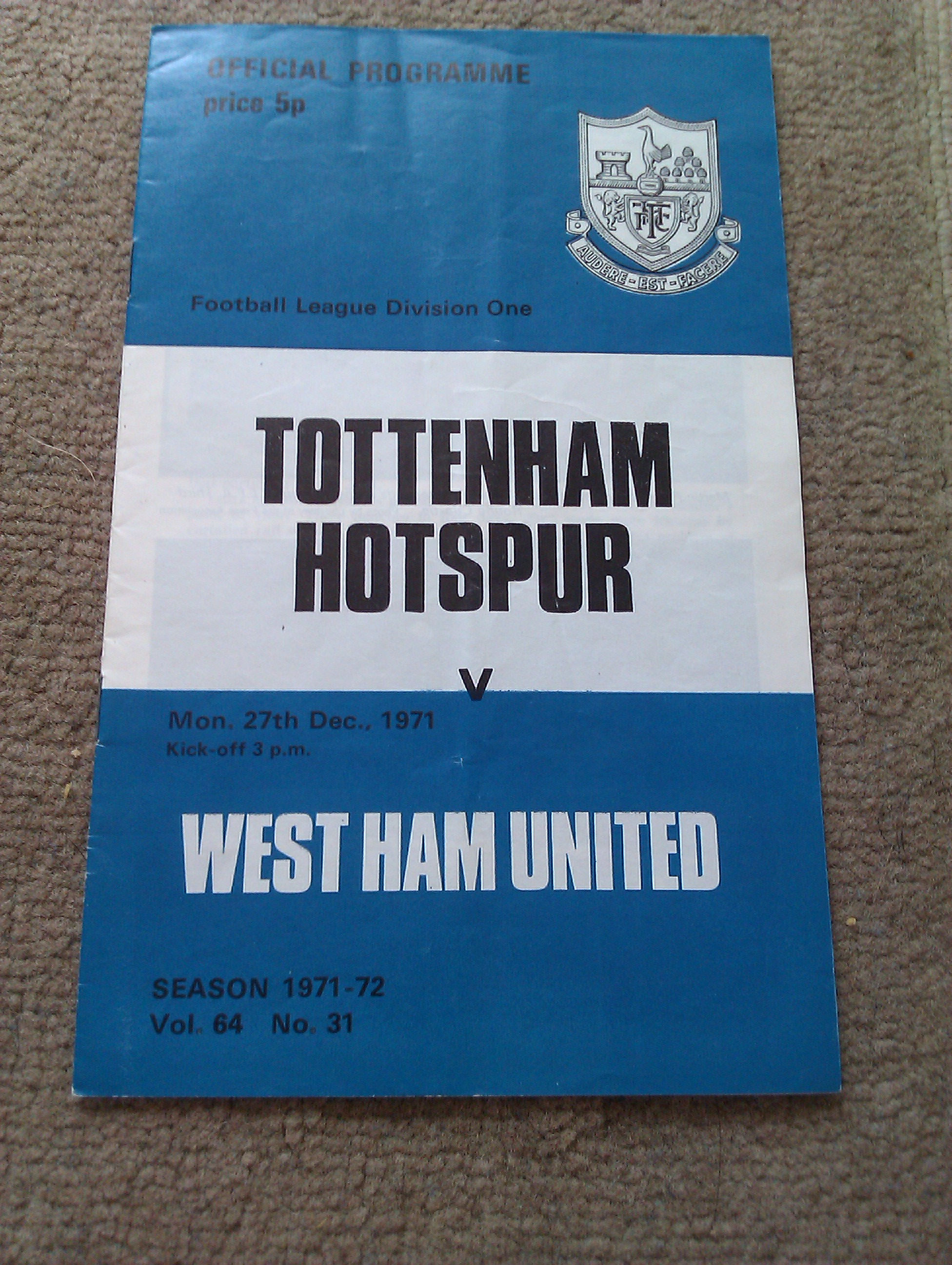 Tottenham Hotspur V West Ham United 1971 Programme