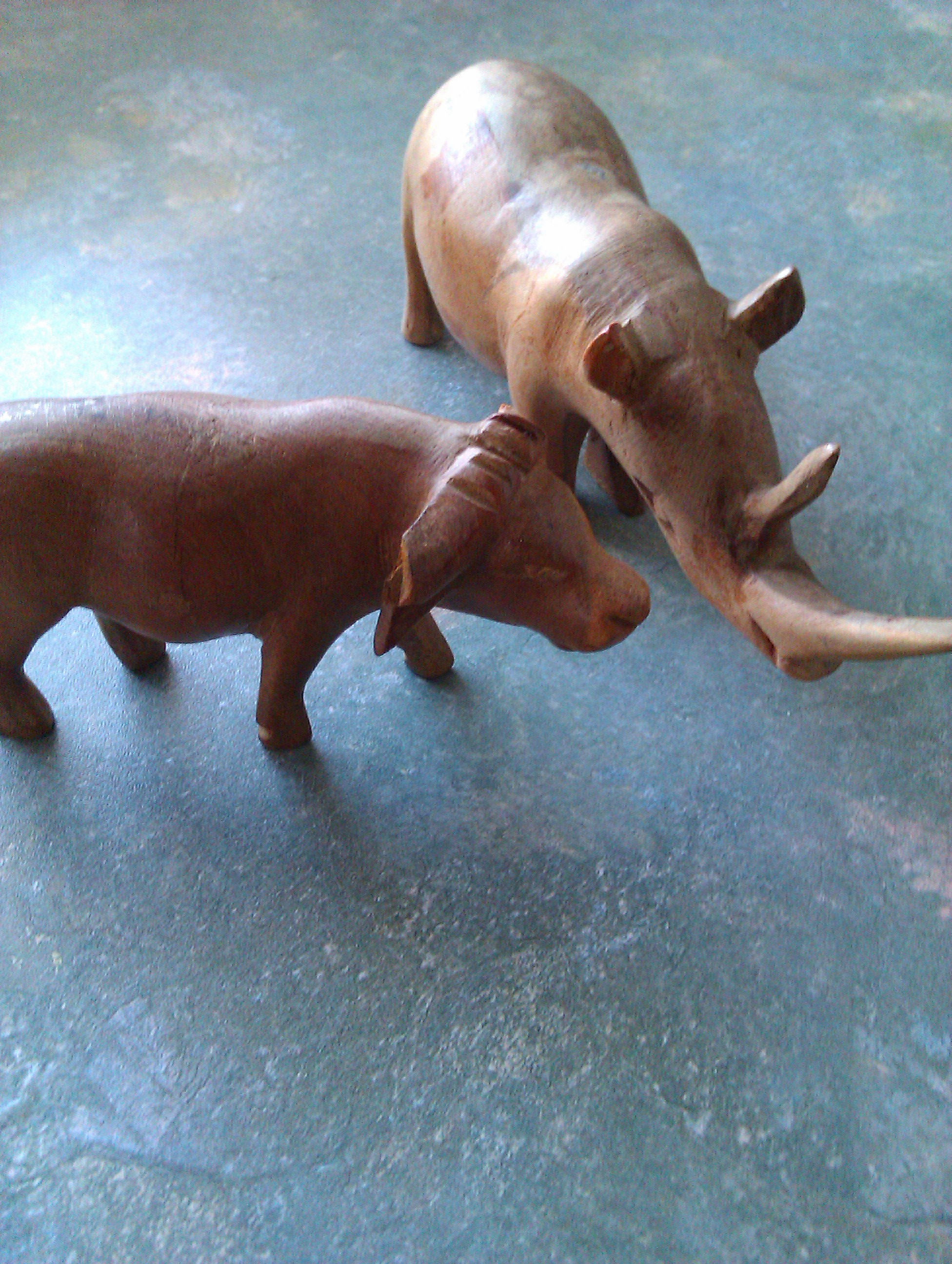 Wooden Buffalo and Rhinoceros (Pair)