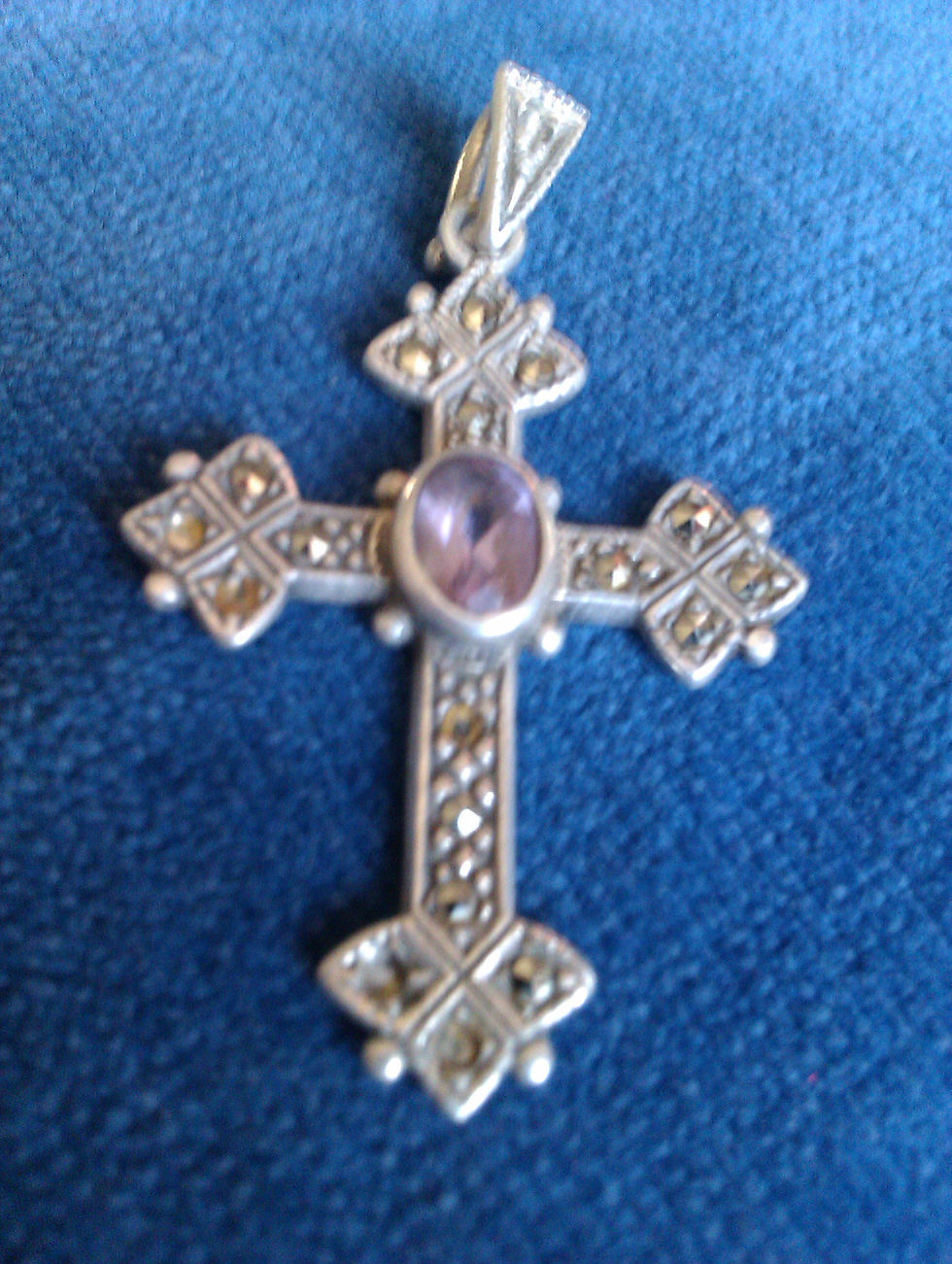 Thumbnail: 925 Silver Diamonte & Amethyst Cross 1.5"
