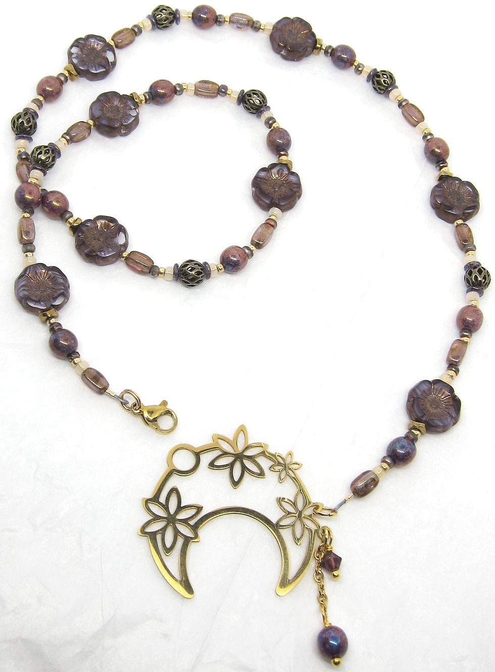 Thumbnail: Gold and Purple Flower Moon Necklace - Front Clasp
