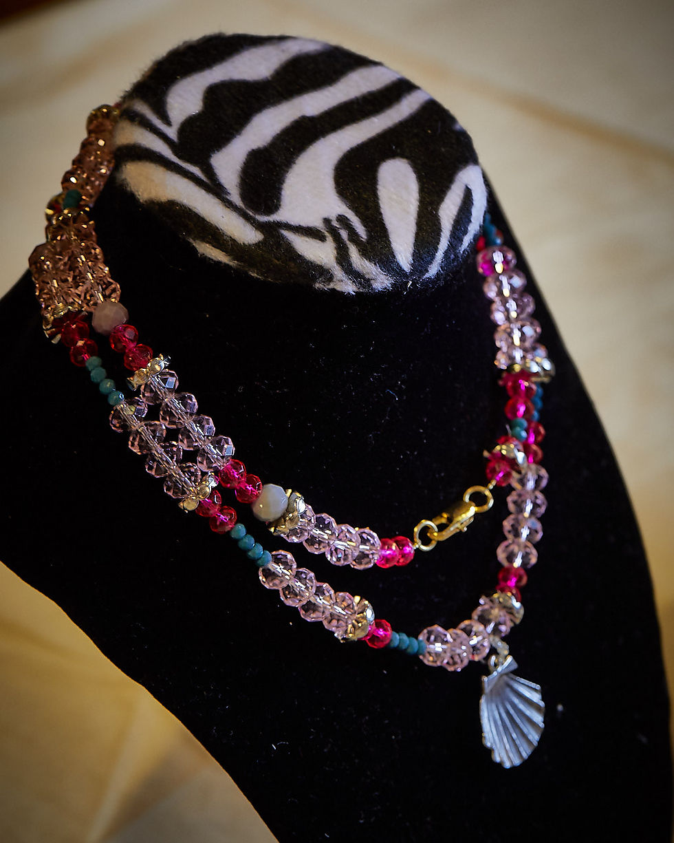 Thumbnail: Multi Color Crystal Pink Necklace with Shell Pendent.
Symmetrical Crystal Necklace.
Versatile Necklace
Wristlet