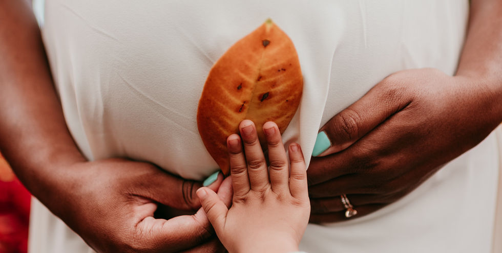 Natural light maternity photography session in Maryland with a toddler placing a leave on her moms bump 
