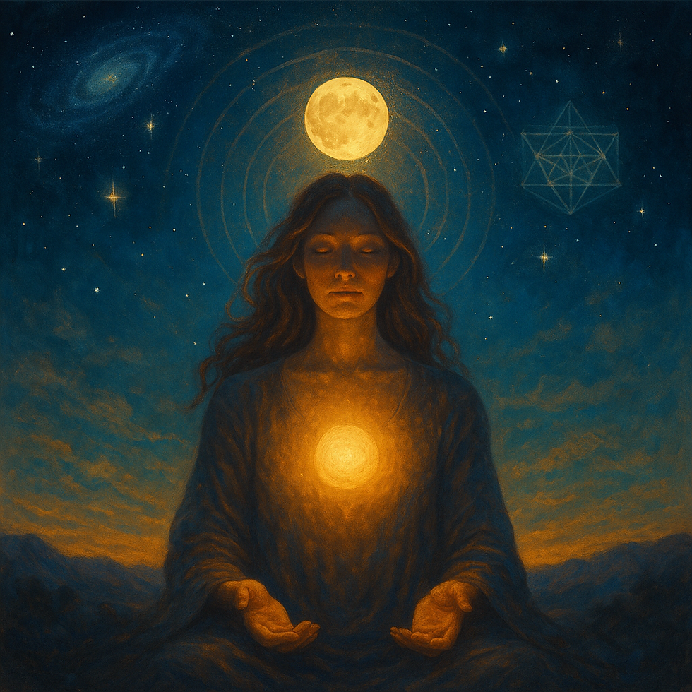 A serene figure meditates under a bright full moon, with a glowing light at their heart. Starry night sky, galaxy, and geometric shape in the background.