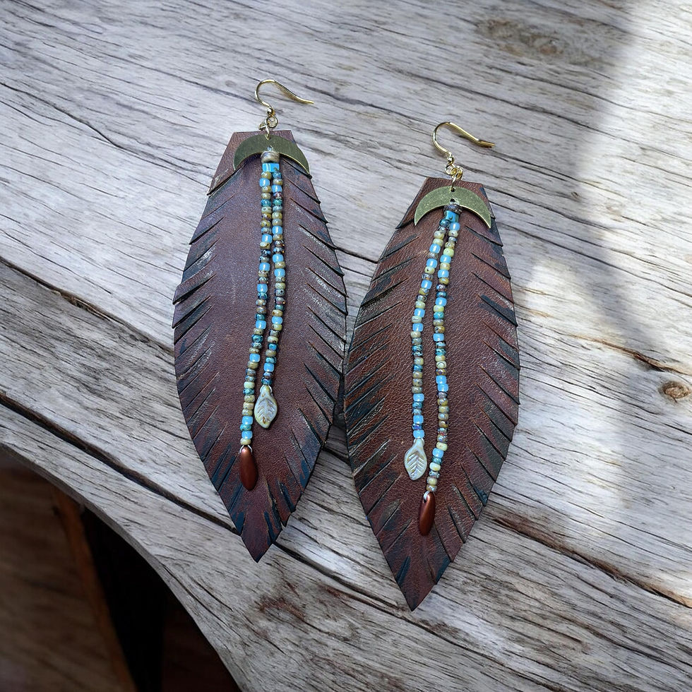 Thumbnail: Hand Cut Distressed Leather Feathers w/ Moons and Strands