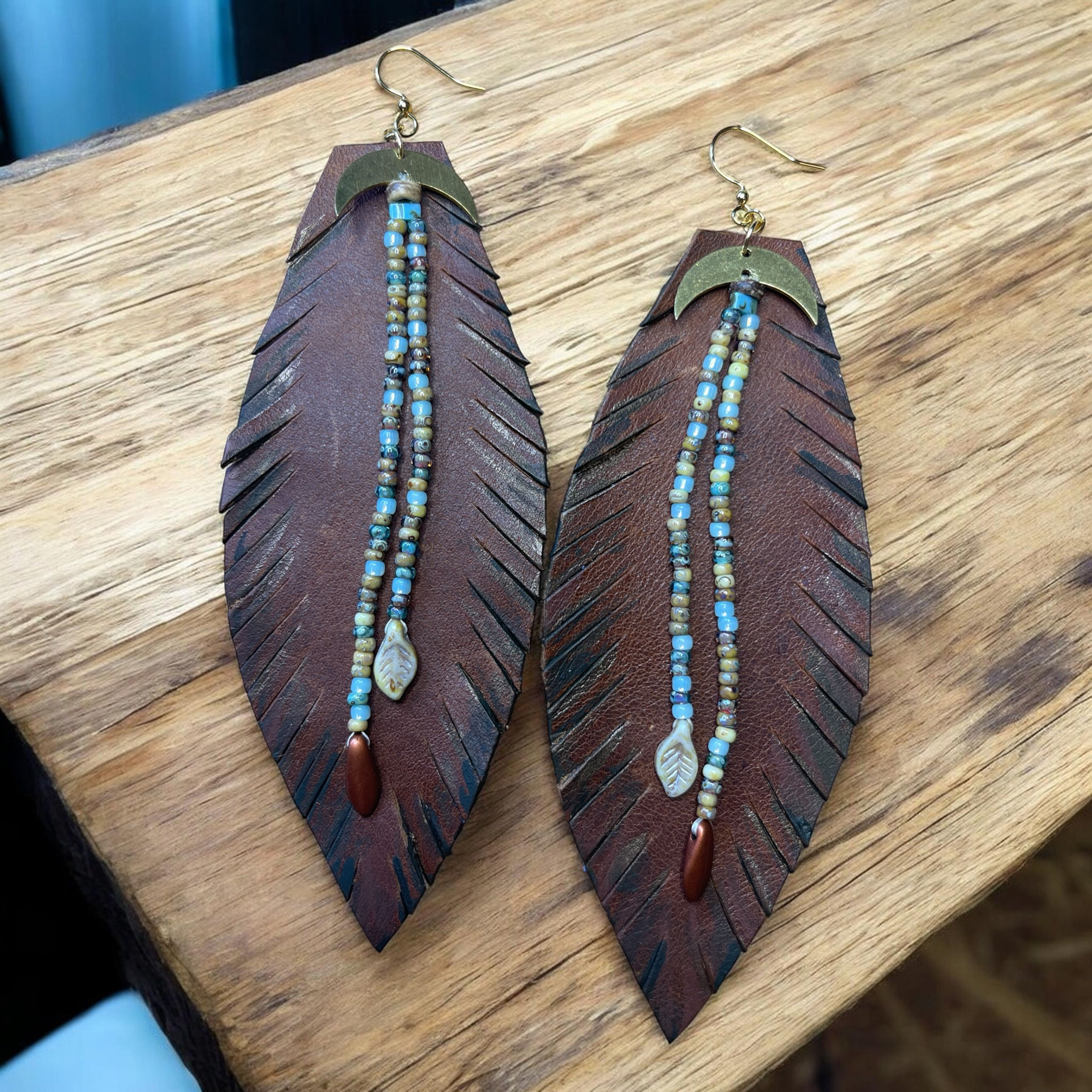 Hand Cut Distressed Leather Feathers w/ Moons and Strands