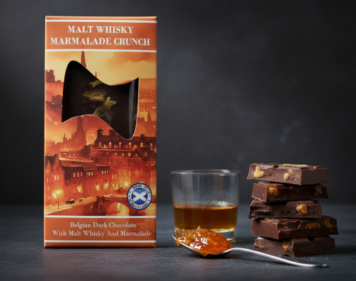 Chocolatbox Malt Whisky Marmalade Crunch bar with stacked chocolate pieces, whisky glass and spoon of marmalade