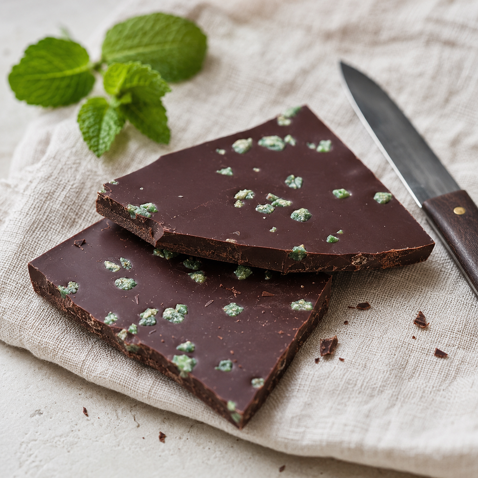 Thumbnail: Belgian 56% Cocoa Chocolate Bar with Crystallised Mint Leaves 100g Handmade