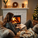 Women writing in her journal on her couch by a fireplace.jpg