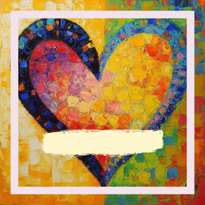 A brightly painted multicolor heart on a golden background with a cream-colored em dash painted over top.