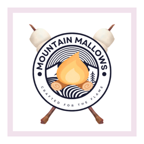 A logo for a company called Mountain Mallows, showing mountains and a campfire, with two sticks roasting marshmallows in the background.