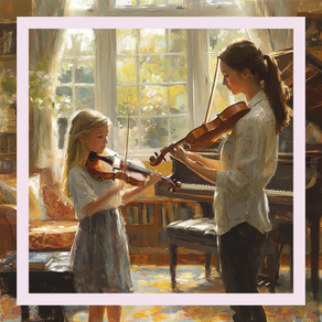 A young girl in a violin lesson with a teenage teacher in a sunny room.