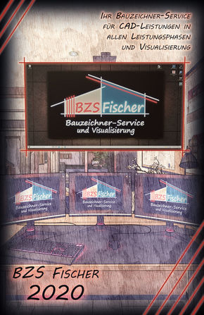 Rückseite der BZS Fischer Visitenkarte vom Jahr 2020. Abgebildet ist das Büro von BZS Fischer