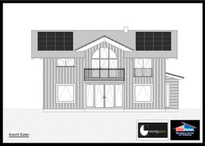Ansicht Süden des Holz 100 Einfamilienhaus E-16 aus einer Genehmigungsplanung (Tektur).
Beauftragt von der Fa. Moving Space