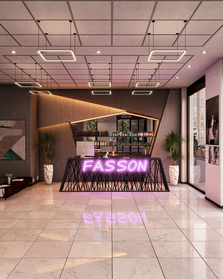Fotorealistische 3D Interior Visualisierung des Empfangsbereich eines Friseursalon von Mehrfamilienhaus M-07. Visualisierung von BZS Fischer.