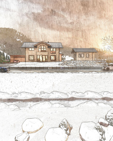 3D Exterior Visualisierung bei Winteranbruch von Einfamilienhaus E17 mit Skizzeneffekt