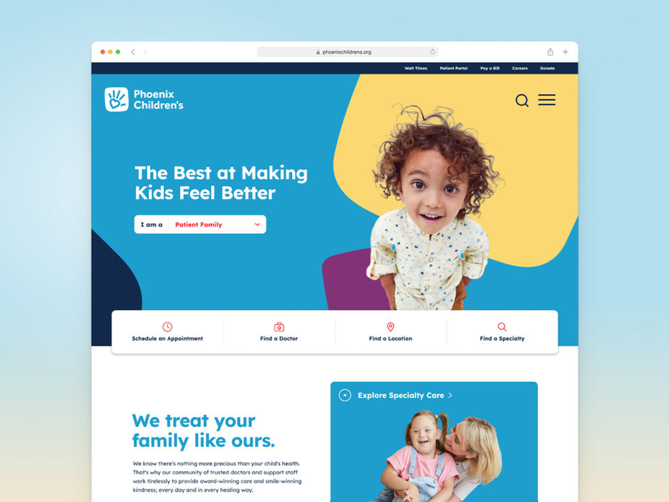 Phoenix Children's Hospital website displayed across desktop and mobile screens.