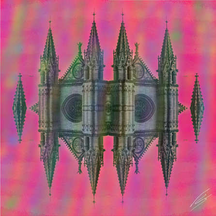 Se representa la Catedral de Palma desde el punto de vista caótico y fantasioso del artista. Se trata de una mezcla entre la arquitectura gótica antigua y la pintura moderna.