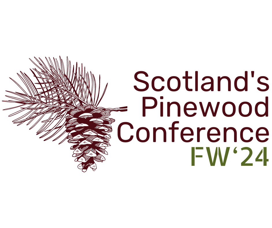 Logo with line drawn pine cone and words reading Scotland's Pinewood Conference FW 24
