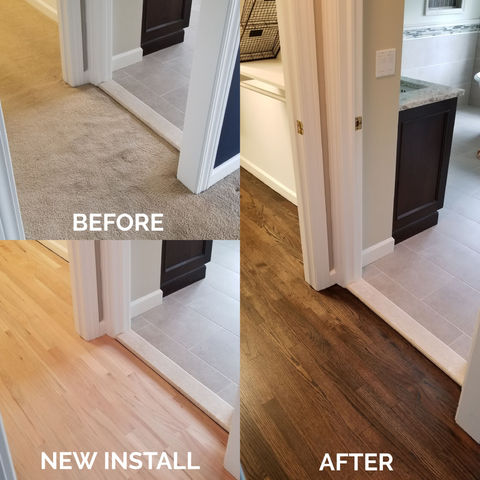 Carpet Removal, Subfloor & Baseboard Prep, New Install of Red Oak Wood Floor with 50/50 Jacobean/Ebony Stain Blend finished with Water-Based Polyurethane (satin sheen)