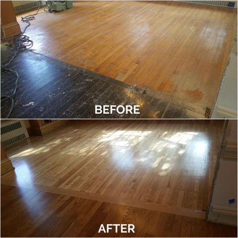 Flush Red Oak Wood Transition Install, Refinish of Natural Red Oak Wood Floor with Water-Based Polyurethane (satin sheen), & Refinish of White Oak with Colonial Maple/Gunstock Stain Blend with Water-Based Polyurethane (satin sheen)