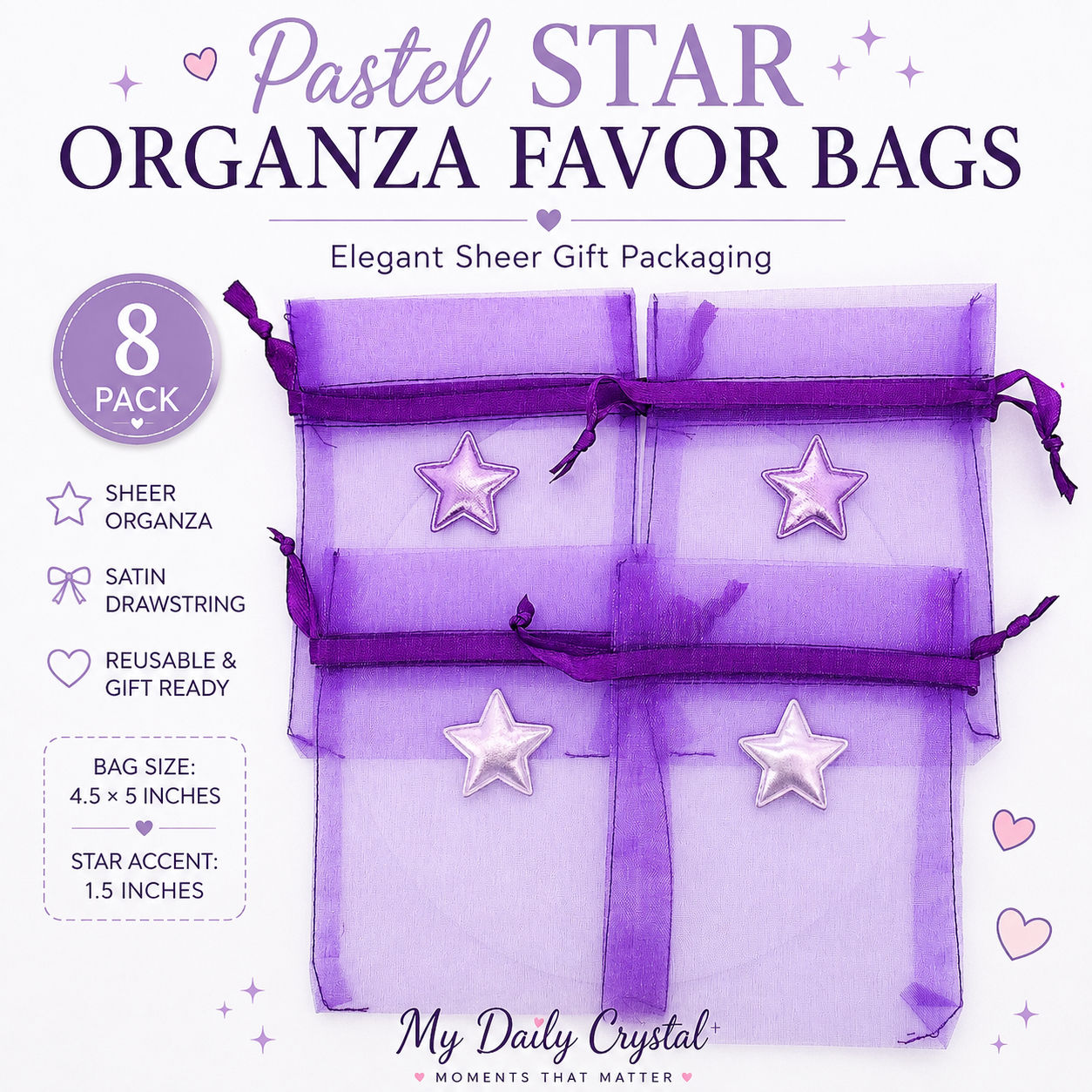 Pastel Purple Organza Favor Bags with Star, Sheer Party Favor Bags, Birthday 