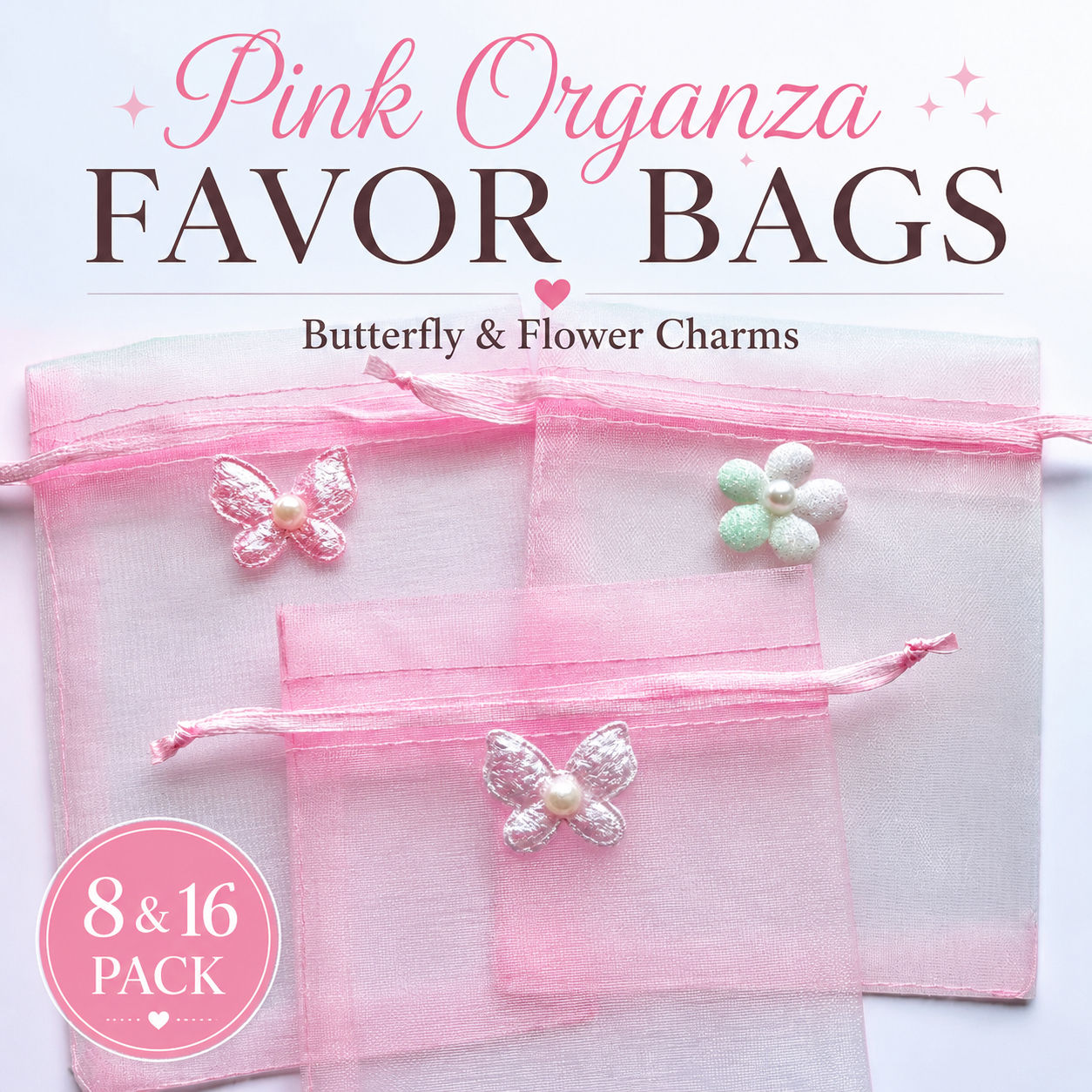 Pink Organza Favor Bags | Butterfly & Flower Sheer Gift Pouches Wedding Favor