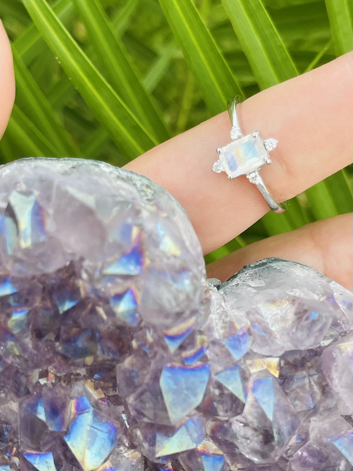 Sterling Sliver S925 Rainbow Moonstone Zirconia Stone Ring