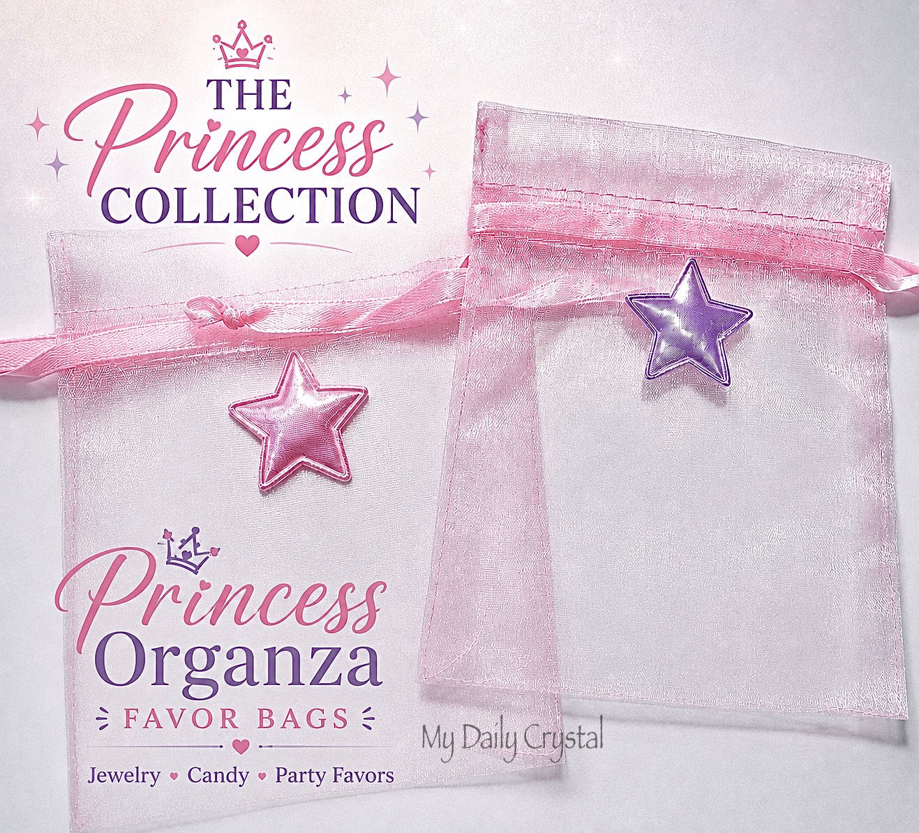 Princess Party Favor Bags | Pink Organza Gift Bags with Iridescent Star