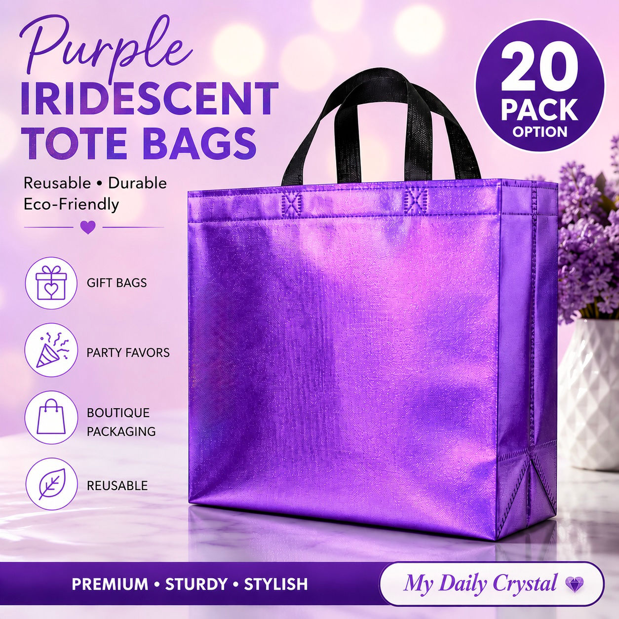 Purple Iridescent Tote Bags | Reusable Gift Bags with Black Handles