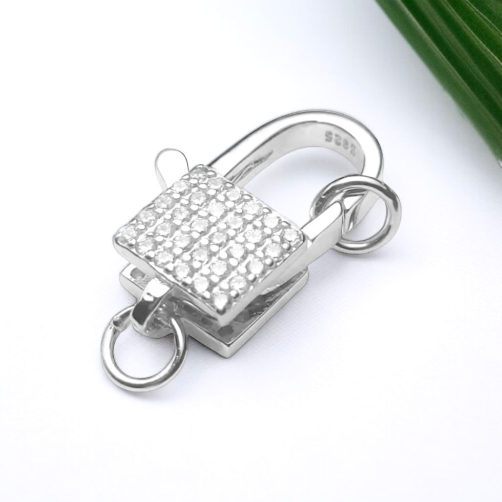 Sterling Silver CZ Padlock Clasp – Rhodium Plated 925 Connector with Jump Rings