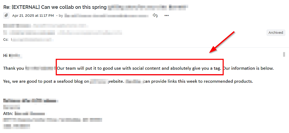Email screenshot showing a collaboration message. Important text highlighted: "Our team will put it to good use with social content and absolutely give you a tag."