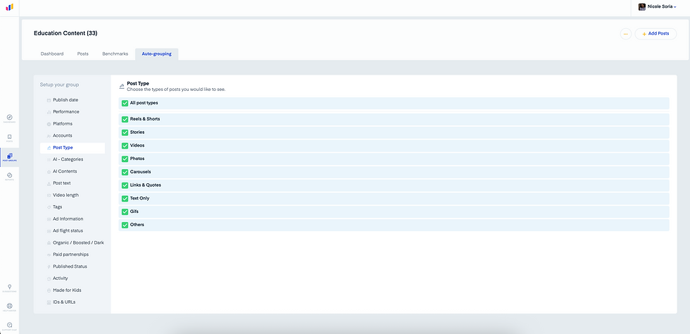 Dashboard screen displaying post types with options such as videos, photos, and more checked. Tabs like Dashboard and Posts are visible.