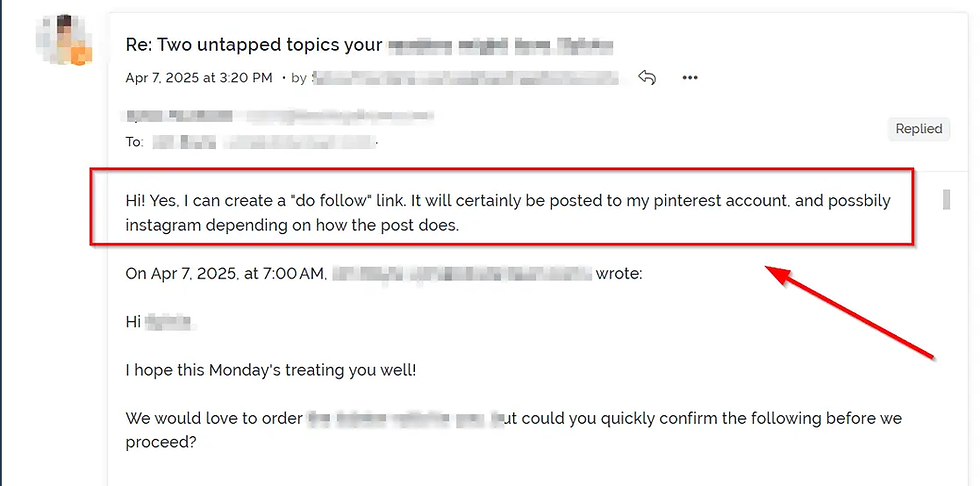 Email screenshot shows a conversation about creating "do follow" links, intended for Pinterest and possibly Instagram. Highlighted text.