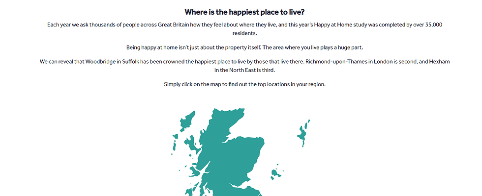 Text discussing the happiest places to live in Great Britain, featuring a teal map of the UK. Highlights Woodbridge, Richmond-upon-Thames, Hexham.