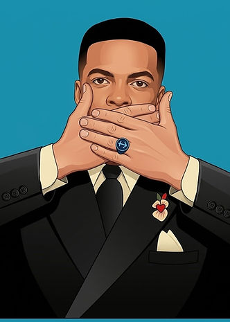 Vector Art of Lloyd McKinney with hands covering mouth wearing a Navy ring