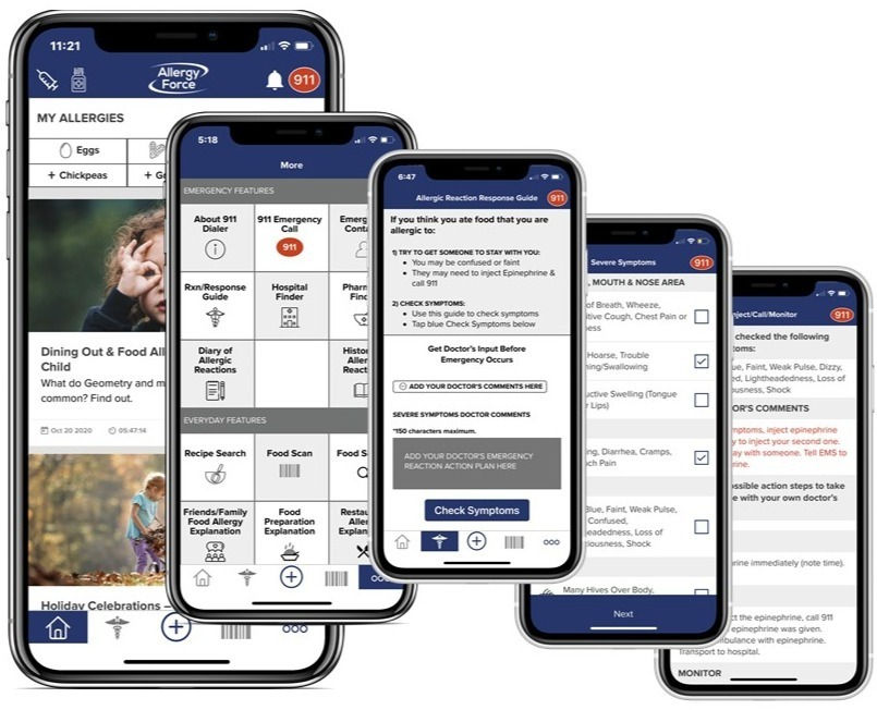 Composite of five screenshots showing the key screens in the Allergy Force food allergy app where a red 911 call button is prominently displayed for quick access in an emergency.