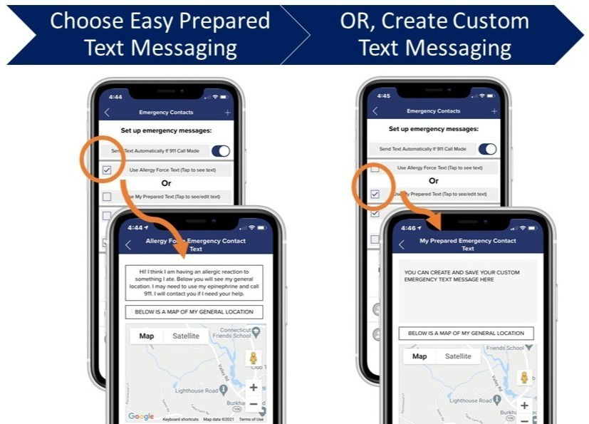 Screen shot shows how to choose which emergency text message emergency contacts should receive when an Allergy Force food allergy app user calls 911. Users have the choice of sending a prepared message or creating their own custom message.