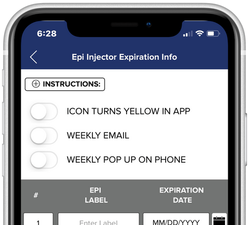 Screenshot shows how to toggle on notifications about expiring autoinjector devices. The food allergy app can notify you about upcoming expirations in three ways: with an icon turning yellow in the app, by weekly email to your inbox, and by a weekly pop up on your phone in the app. This view shows all notification methods toggled 'OFF.' It displays on the left side of the gallery.
