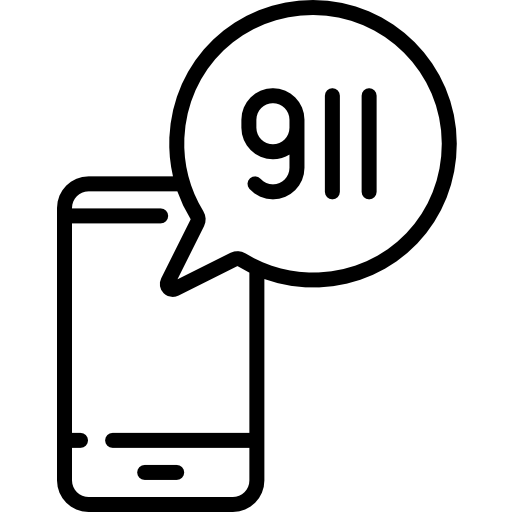 Icon with 911 in a chat bubble connected to a mobile phone. Represents the emergency call features in the Allergy Force food allergy app.
