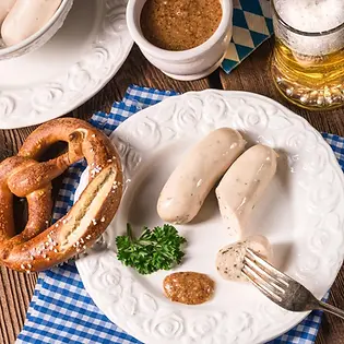 Traditional Bavarian Weisswurstfruhstuck breakfast with weisswurst brezel and Hefeweizen beer at Colombo Vineyard Martinborough 9 August 2026