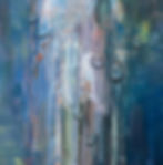 Abstract painting of blue and turquoise water droplets suspended against a richly textured, atmospheric background.
