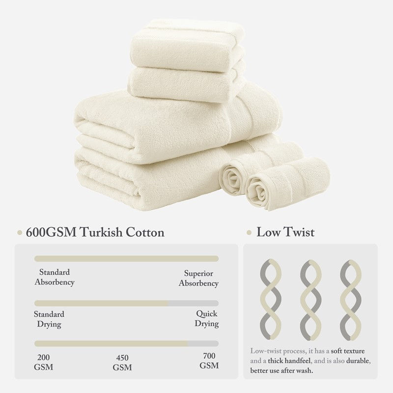 Turkish Cotton 6 Piece Bath Towel Set