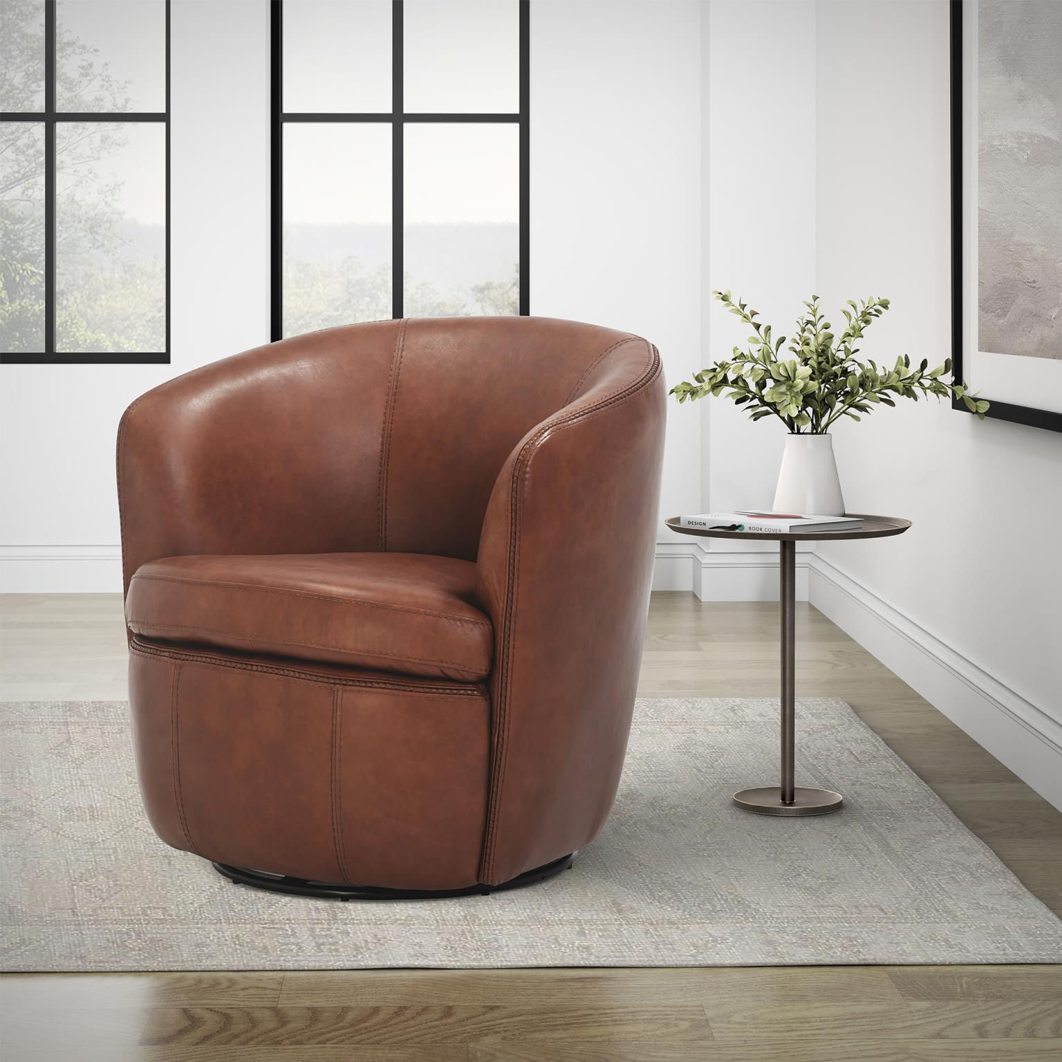 Barrel Full Leather Swivel Accent Chair