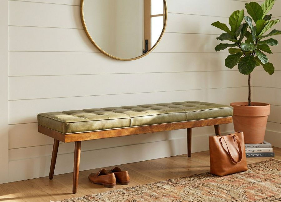 Linear Olive Leather Pillow Upholstery Bench