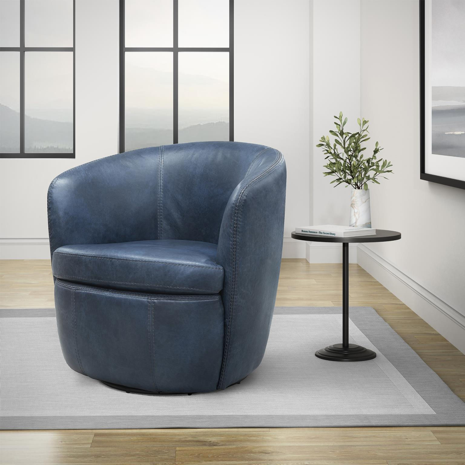 Barrel Full Leather Swivel Accent Chair